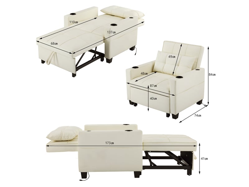  Fauteuil convertible modenvie 3 en 1 blanc en similicuir pu avec usb et porte-gobelets  - Conforama C