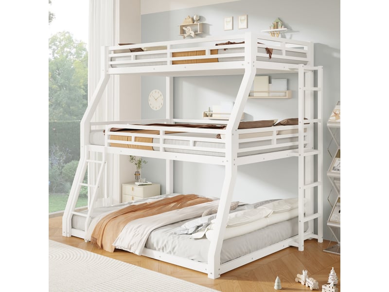  Lit superposé triple en métal, couchages 90 x 200, 120 x 200 et 140 x 200 cm, échelle repositionnable, sans matelas, blanc evarich - Conforama B