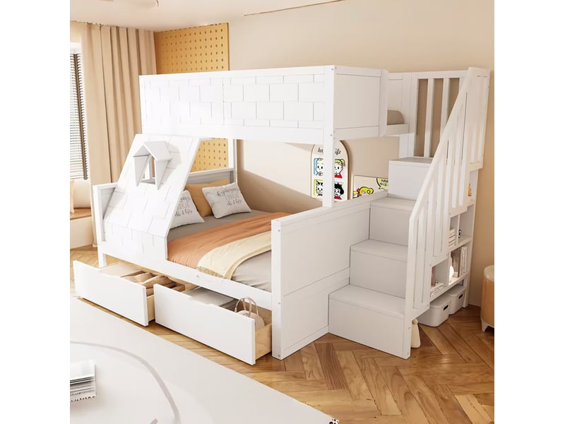  Lit superposé enfant 90x200 cm et 140x200 cm avec escalier de rangement blanc  - Conforama D