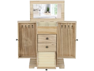 Boîte à bijoux en bois 4 niveaux 26,5x16x33,5 cm – Coffret à bijoux avec miroir intégré, tiroirs et portes latérales à 8 crochets pour colliers – Marron