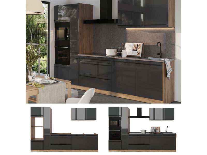  Vicco cuisine, anthracite haute brillancechêne doré, 310cm plan de travail chêne doré  - Conforama D