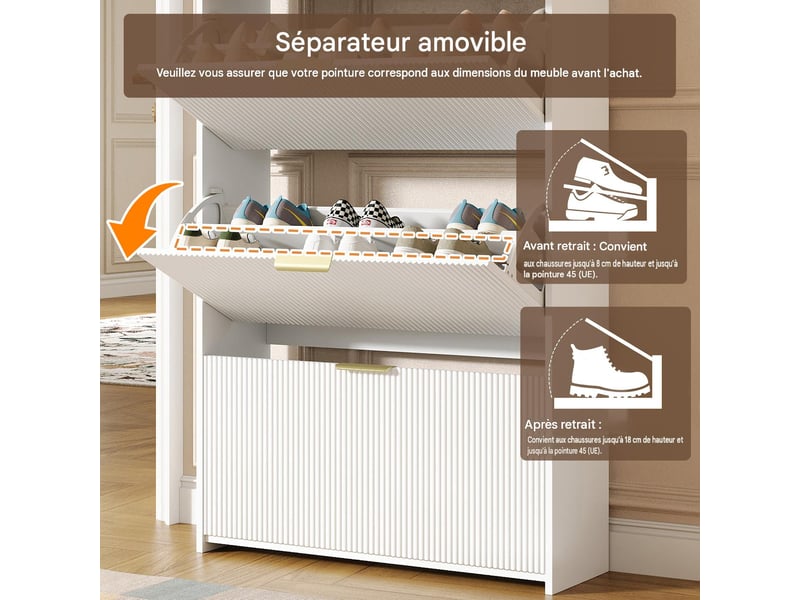  Meuble à chaussures 3 abattants et 2 tiroirs blanc 80 x 25 x 135 cm N657P45809091W - Conforama D