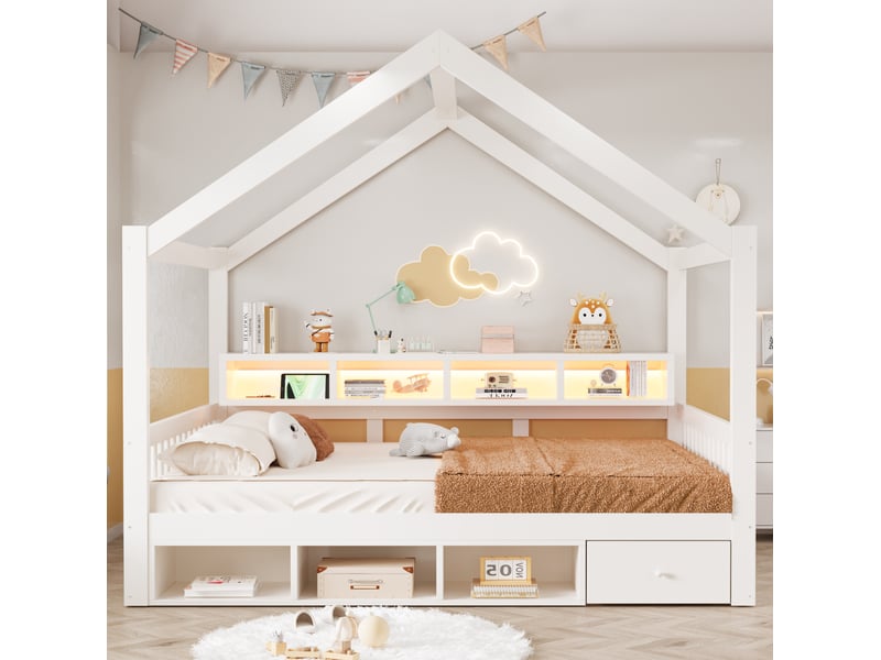 Lit cabane modenvie 140 x 200 cm avec rangements led prises et sommier blanc  - Conforama B