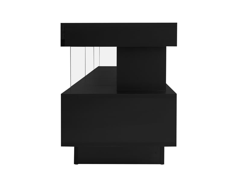  Meuble tv 160x38x50,5 cm noir laqué, 3 étagères en verre et éclairage led pilotable bluetooth par application, panneau de particules  - Conforama D
