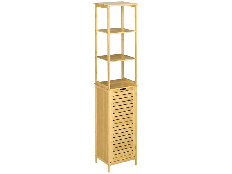  Armoire de salle de bain haute en bambou naturel, avec 3 étagères et 1 porte, colonne de rangement, 34 x 30 x 173 cm  - Conforama B