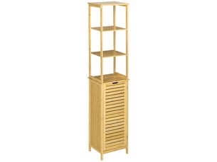 Armoire de salle de bain haute en bambou naturel, avec 3 étagères et 1 porte, colonne de rangement, 34 x 30 x 173 cm