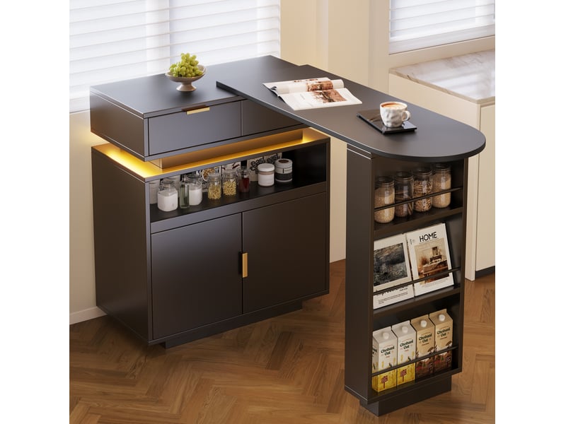 Desserte îlot de cuisine 115-183 x 40 x 99,5 cm – noir – plateau extensible et rangement intégré - Conforama D