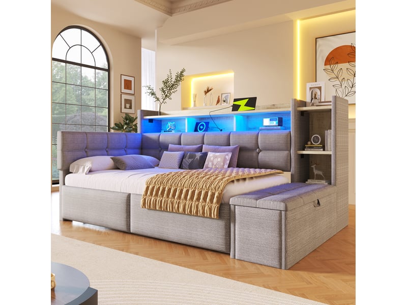  Lit enfant 90x190 cm, gain de place, avec 2 tiroirs, ports usb et type-c, led multicolore, velours, gris, sans matelas  - Conforama D