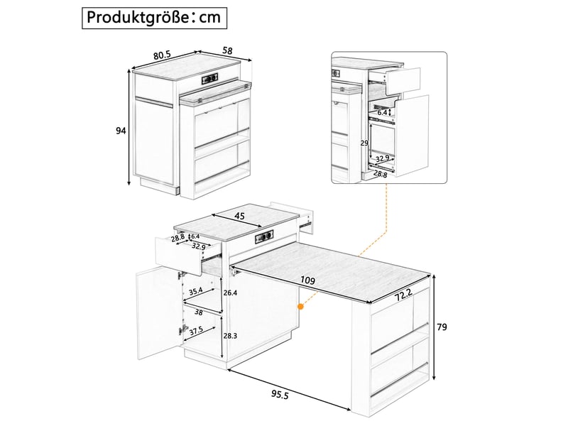  Ilot central de cuisine - 80,5x58x94cm - desserte extensible avec table, prises, led et roulettes - blanc et bois  - Conforama E