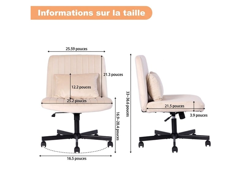 Chaise de bureau pivotante en tissu réglable en hauteur sans accoudoirs à roulettes silencieuses - Conforama E
