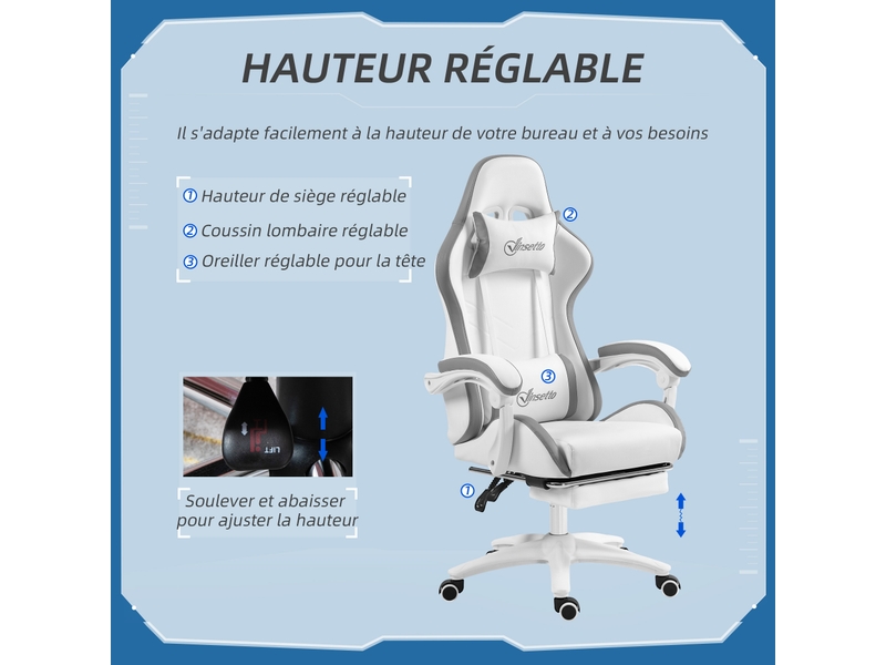 Chaise gaming fauteuil gaming ergonomique avec dossier inclinable à 135° et soutien lombaire, 65 x 65 x 121-129 cm blanc - Conforama E