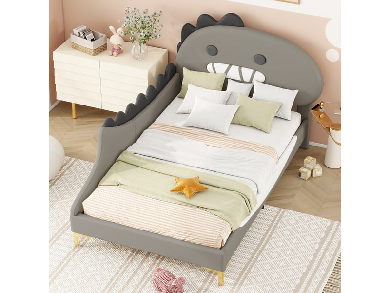 Lit enfant 90x200 cm - lit simple ludique dinosaure pour garçon ou fille - pu et mdf - tête de lit décorative - gris - sans matelas - Conforama B