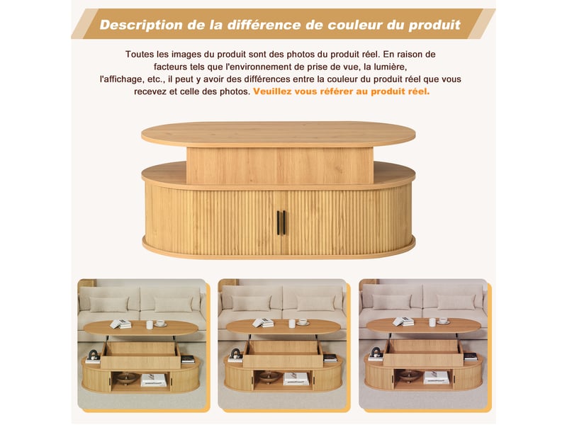 Table basse relevable ovale avec grand espace de rangement et portes coulissantes, 100x50x40 cm, bois clair - Conforama R