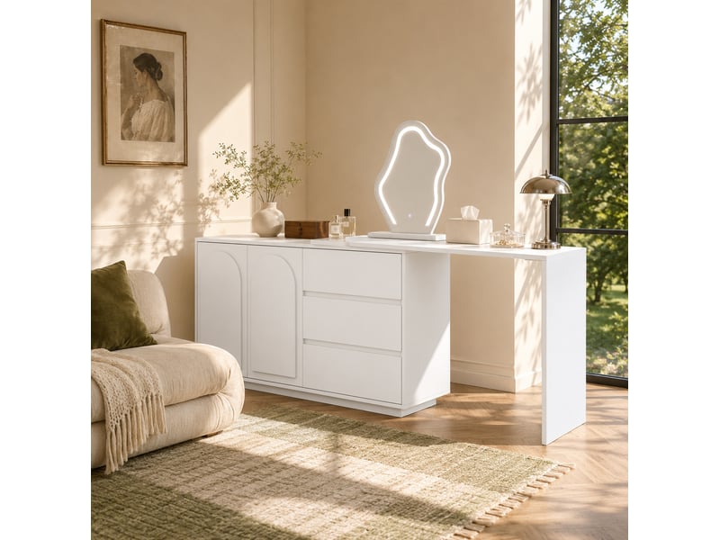  Coiffeuse blanche 140x40x75 cm avec miroir led, plateau extensible et 3 tiroirs  - Conforama B