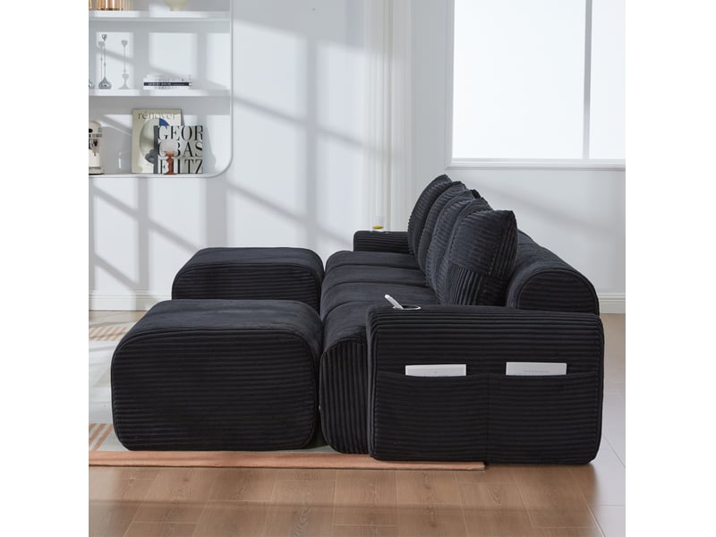Canapé modulaire 4 places noir en velours côtelé avec 2 poufs, porte-gobelet et poche, pour soirées conviviales - Conforama E