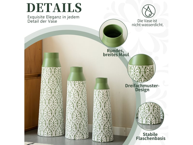  Vases décoratives sur pied 3 pièces h. 61,55143,5 cm – vert – métal à motif rétro pour fleurs séchées  - Conforama E