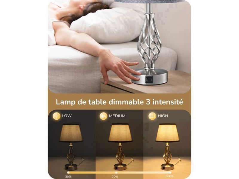  Lampe de chevet lot de 2 grise lin usb a c commande tactile 3 niveaux base metal argent 46 cm 370618_AAAVR85195_6_DROPFR - Conforama B