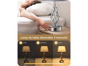Lampe de chevet lot de 2 grise lin usb a c commande tactile 3 niveaux base metal argent 46 cm