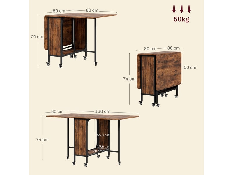 Table à manger pour 6 personnes avec plateau rabattable, rangement et 6 roulettes avec freins, en bois  - Conforama D