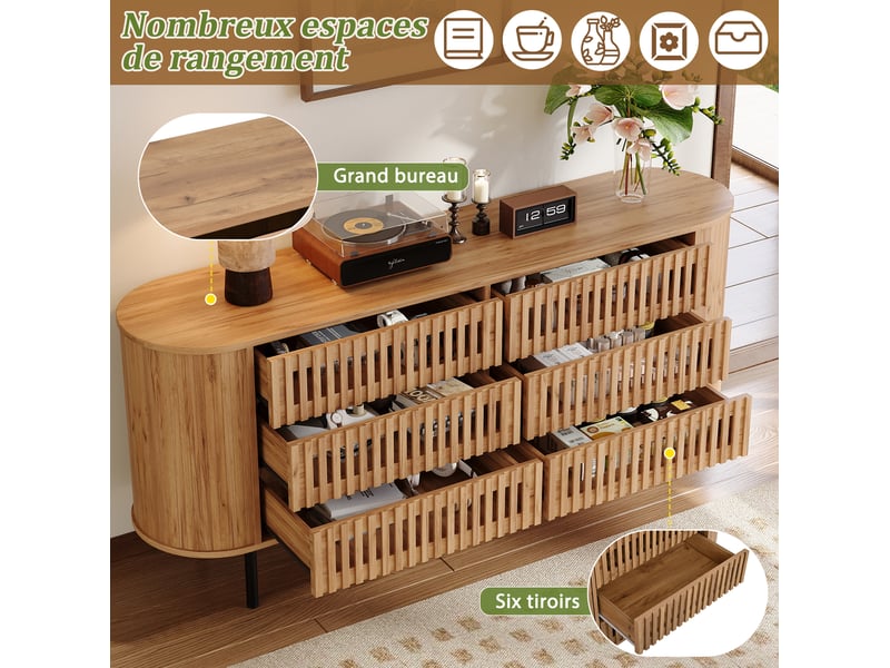  Buffet 160x40x70 cm, 6 tiroirs, design lames ajourées, mdf, pieds métal, charge 70 kg, naturel  - Conforama E