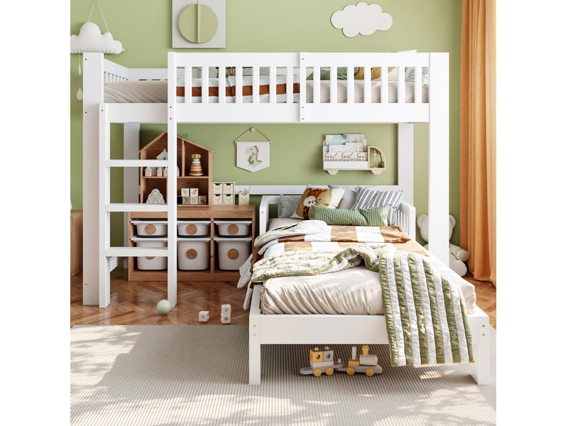 Lit mezzanine enfant modulable 90x200 cm blanc avec lit simple et sommiers inclus, adaptable, sans matelas - Conforama E