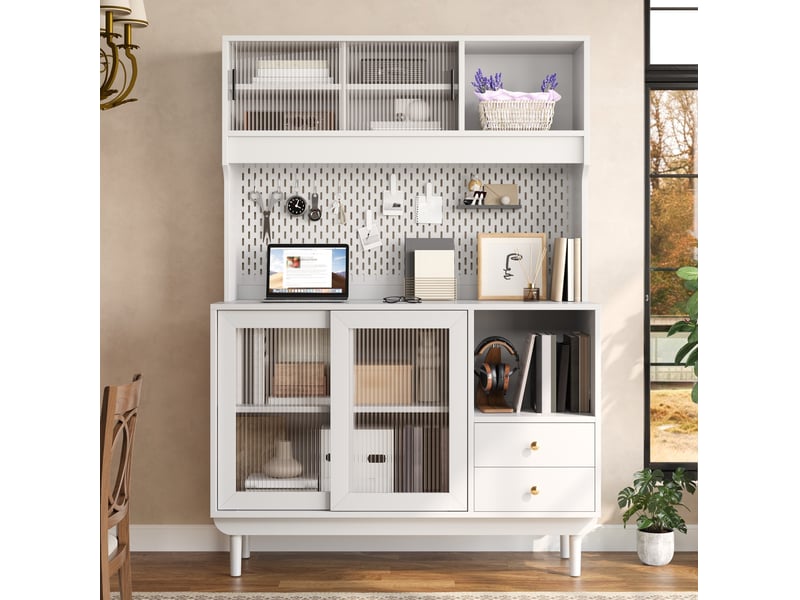 Buffet de cuisine avec 4 portes coulissantes en verre strié, 2 tiroirs et panneau perforé, blanc 117 × 30 × 170 cm - Conforama E