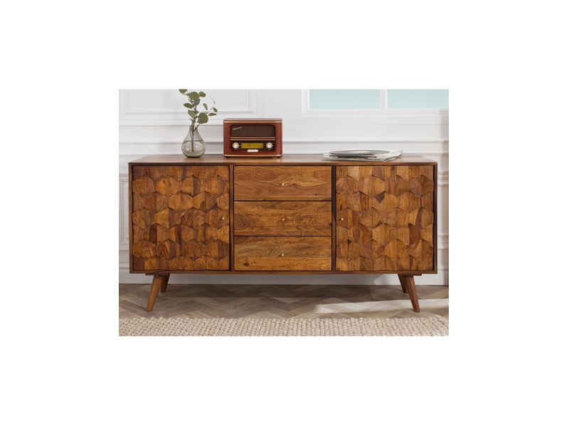  Buffet scani 145 cm en bois massif de sheesham verni – 2 portes sculptées et 3 tiroirs  - Conforama B