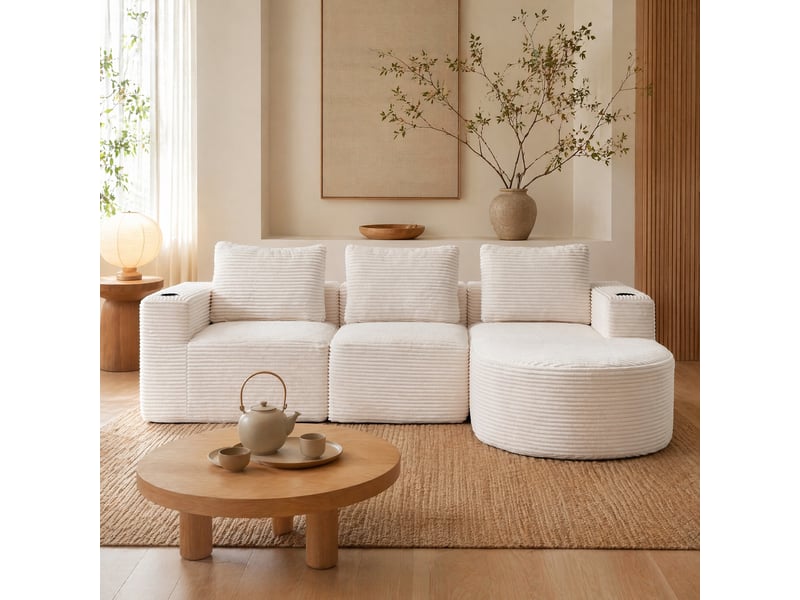  Canapé droit 2 places avec 3 coussins et 2 porte-gobelets  - tissu polyester beige 265 × 176 × 60 cm  - Conforama C