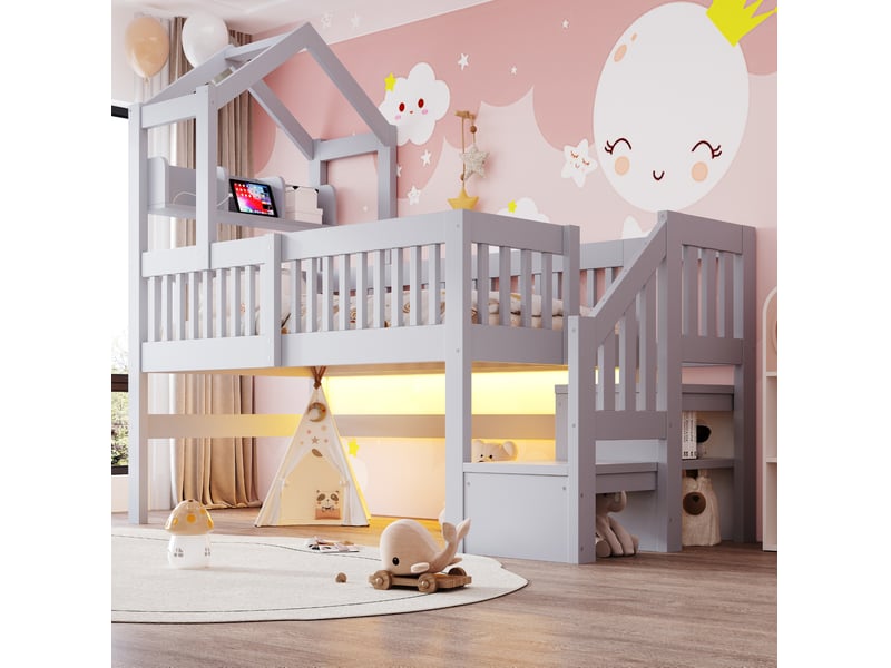  Lit mezzanine enfant 90x200 cm, toit, rangements, garde-corps, led, usb, pin, contreplaqué et mdf, gris sans matelas  - Conforama D