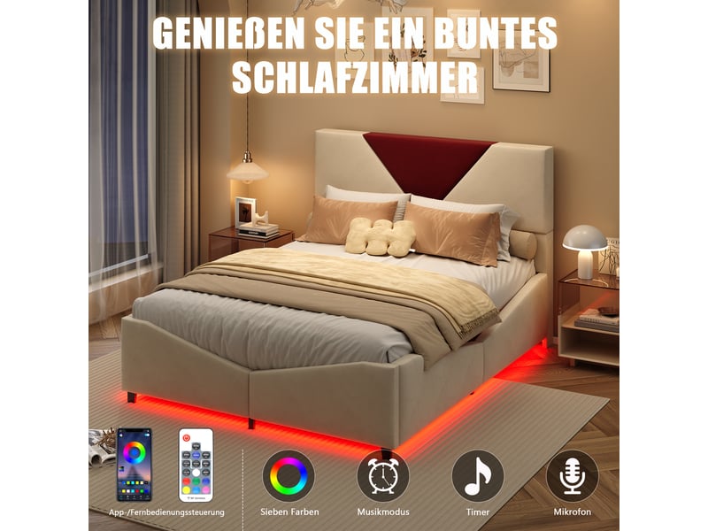  Lit 140x200cm avec sommier, lit coffre avec rangement et éclairage led, tête de lit bicolore beige et bordeaux, lit rembourré en velours, pour adulte et adolescent, sans matelas  - Conforama D