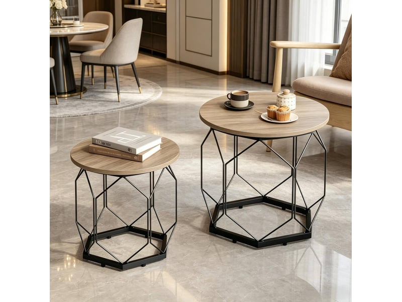  Lot de 2 tables basses rondes 50x50x45 cm et 40x40x36 cm avec plateaux amovibles bois métal gris aspect bois  - Conforama B