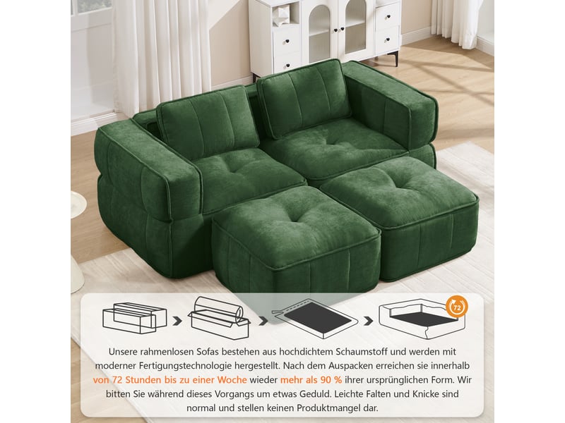 Canapé modulaire 2 places avec 2 poufs et assise profonde - lpospi - accoudoirs larges, polyester vert - Conforama E