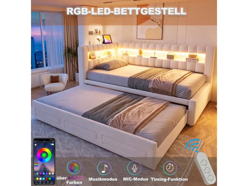 Lit banquette 90x190 cm beige avec lit gigogne, tiroir, led et usb - Conforama B