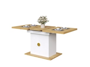 Table extensible rectangulaire 110-140 x 70 cm – blanc et bois clair – 2 étagères de rangement intégrées