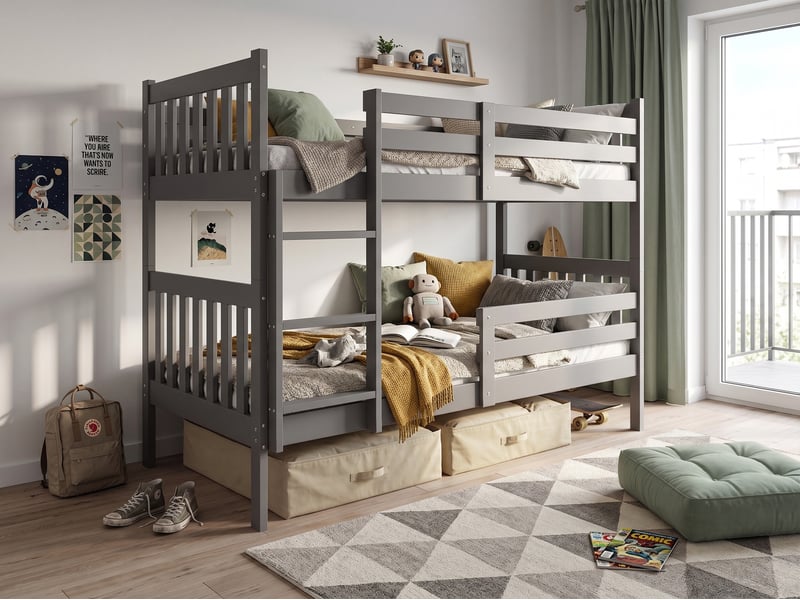  Lit superposé séparable 90x190 cm kacper interbeds - bois massif de pin avec barrière, sommier - gris  - Conforama D