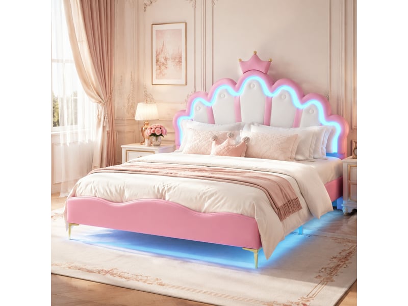  Lit double 140 x 200 cm rose avec tête de lit couronne et éclairage led réglable  - Conforama B