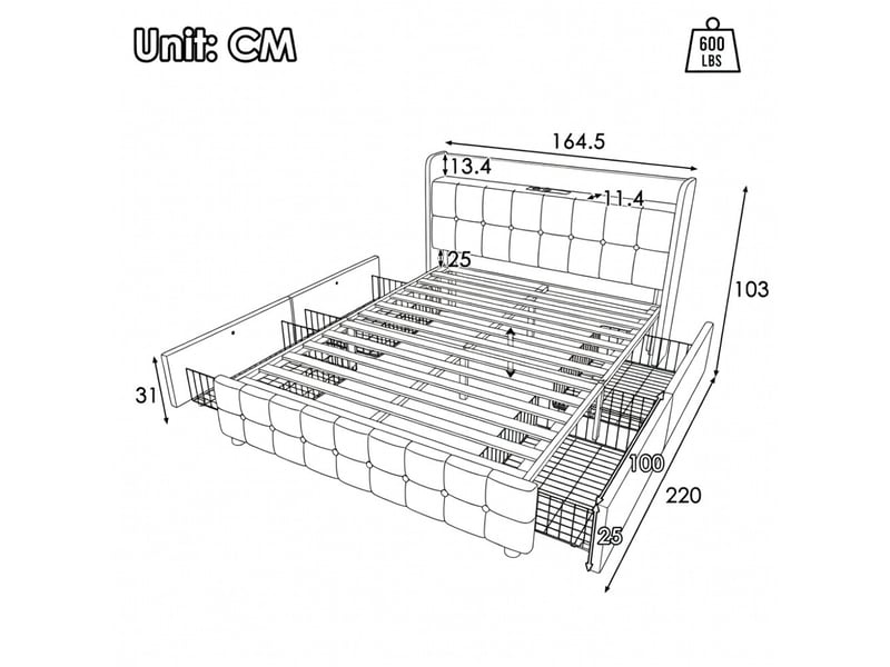 Lit avec rangement 160x200cm avec matelas sommier bois led usb c 4 tiroirs beige - Conforama C