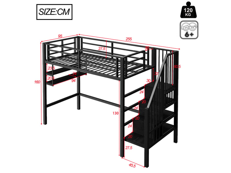  Lit mezzanine enfant 90x200 cm avec escalier de rangement et étagères noir  - Conforama C