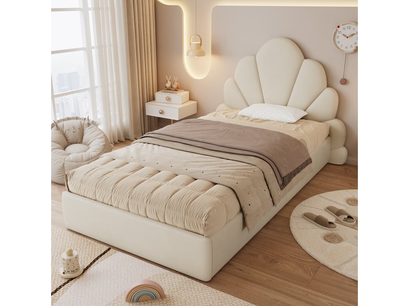  Lit simple rembourré 90 x 200 cm, dossier en pétales, sommier à lattes, structure rembourrée, tête de lit rembourrée, pour la chambre, velours, beige ABC - Conforama B