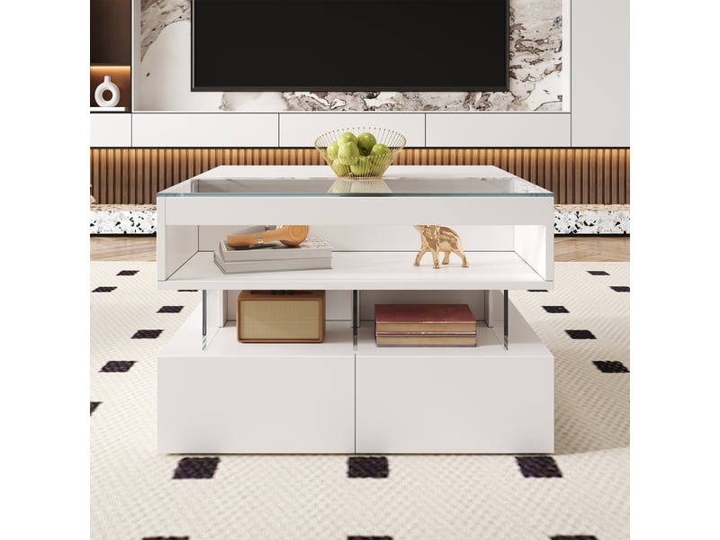  Table basse relevable avec led 16 couleurs, tiroirs et niches, plateau en verre pour salon, 70×67×57 cm, blanche  - Conforama C