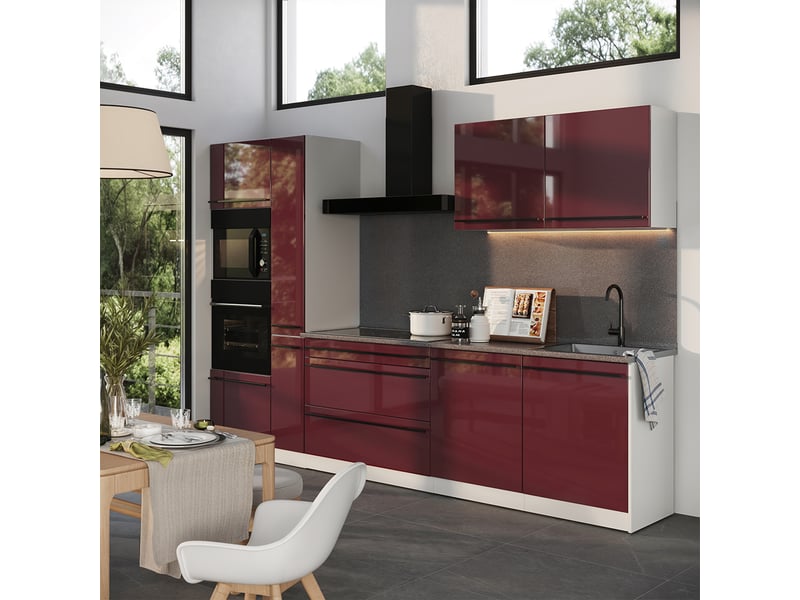 Vicco cuisine, rouge brillantblanc, 310cm plan de travail marbre - Conforama C