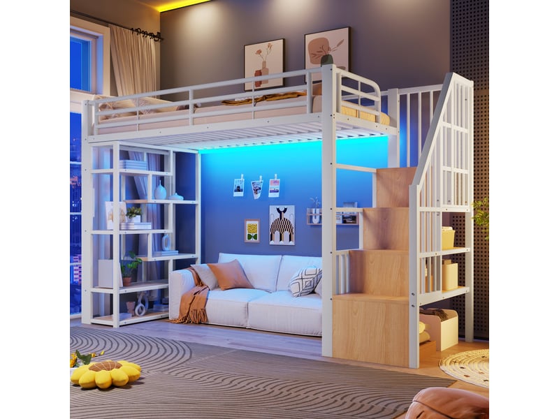  Lit mezzanine 90x200 cm, lit enfant, rangement, échelle sécurisée, barrière antichute, led, bois et métal blanc  - Conforama A