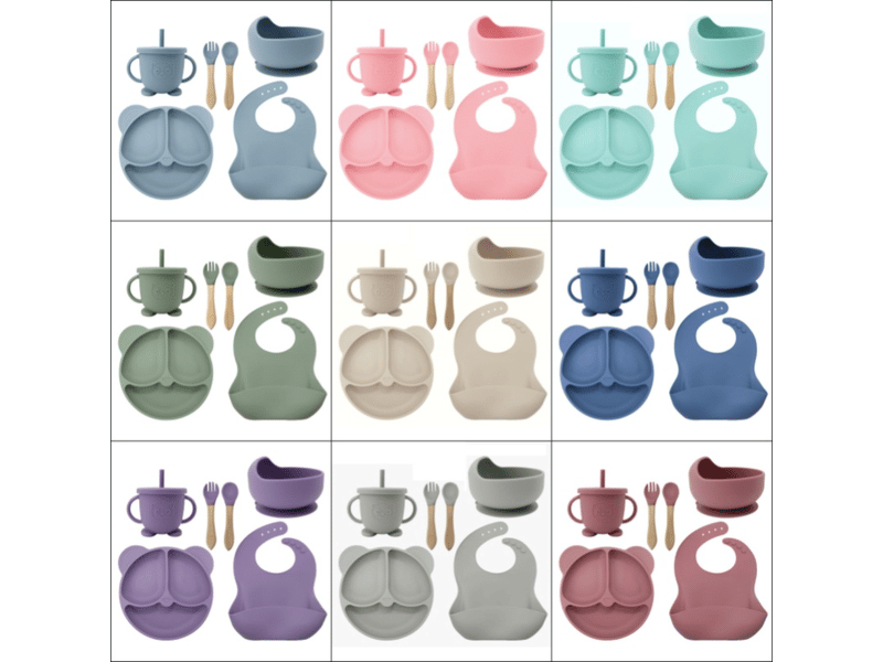  Ensemble de vaisselle pour enfants en silicone rose, comprenant assiette, cuillère, fourchette, tasse, bavoir et bol  - Conforama C