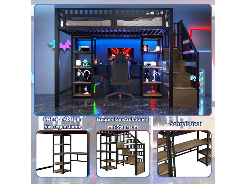  Lit surélevé 140 x 200 cm noir, structure métallique, échelle avec rangement, bureau, led et usb, sans matelas  - Conforama E
