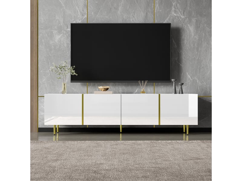  Meuble tv blanc laqué 170 cm avec 4 portes, meuble tv moderne en mdf avec détails dorés pour salon  - Conforama W
