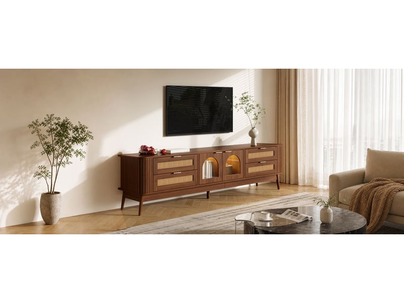  Meuble tv led éclairage pilotable par application portes en verre de sécurité trempé incurvé structure en panneau de particules pieds en bois massif rangement fermé quatre tiroirs  - Conforama E