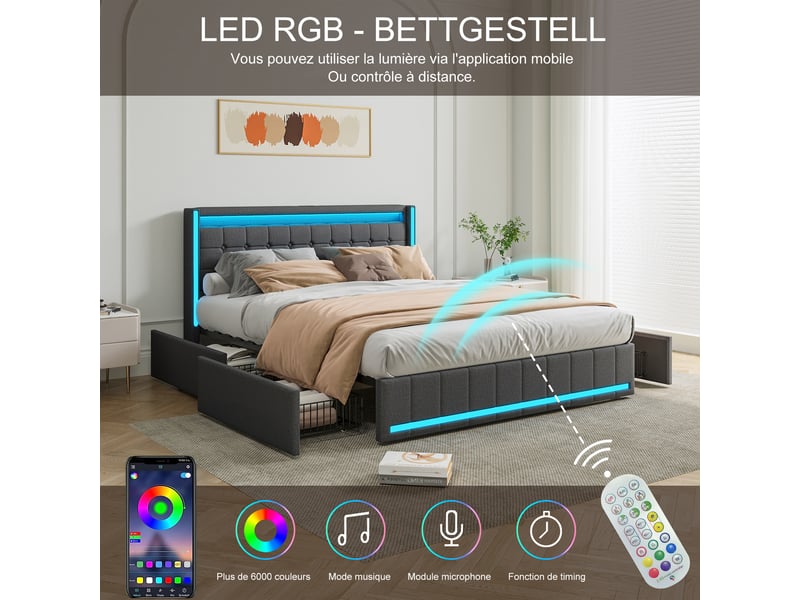  Lit 140 x 200 avec sommier,lit double 140 x 200, 4 tiroirs de rangement, bandeau led port usb, revêtement tissu lin, gris  - Conforama E