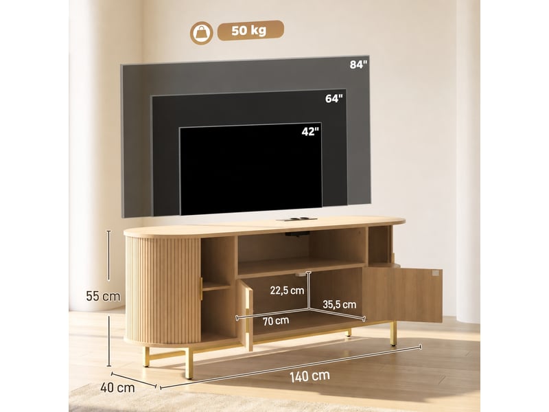  Meuble tv avec 2 prises, usb et type-c, portes coulissantes et battantes, effet chêne clair, 140 x 40 x 55 cm  - Conforama C