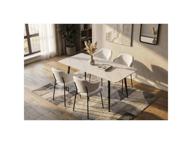  Table de salle à manger hexa 140 cm en céramique effet marbre blanc et métal noir – 6 places  - Conforama B