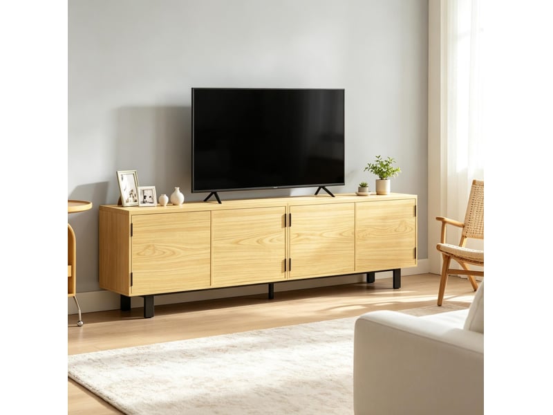  Banc tv 180x35x55,5 cm avec 4 portes à pression, panneau de particules métal couleur naturel  - Conforama C
